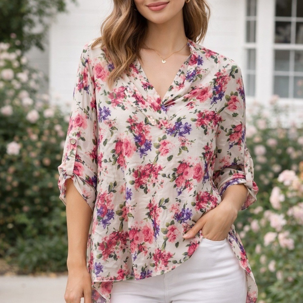 Floral High Low Button Down Blouse Roll Tab Sleeve Cottagecore M